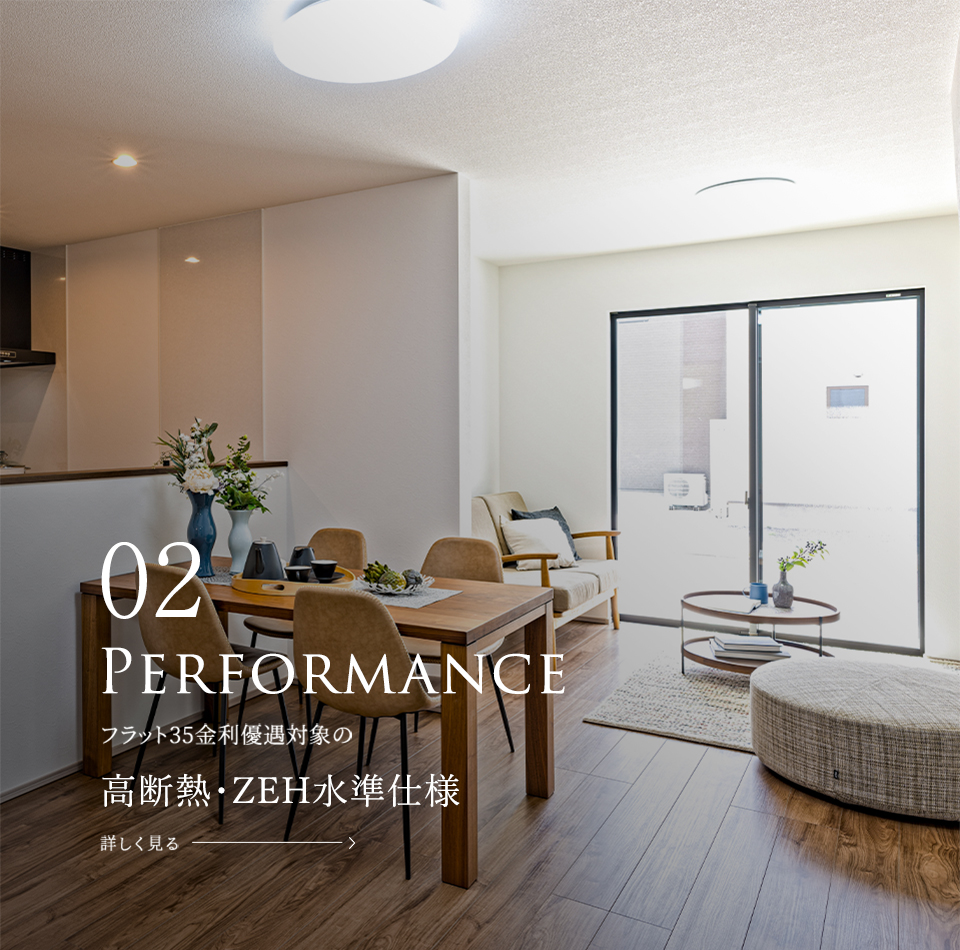 Performance フラット35金利優遇対象の高断熱・省エネ仕様 詳しく見る
